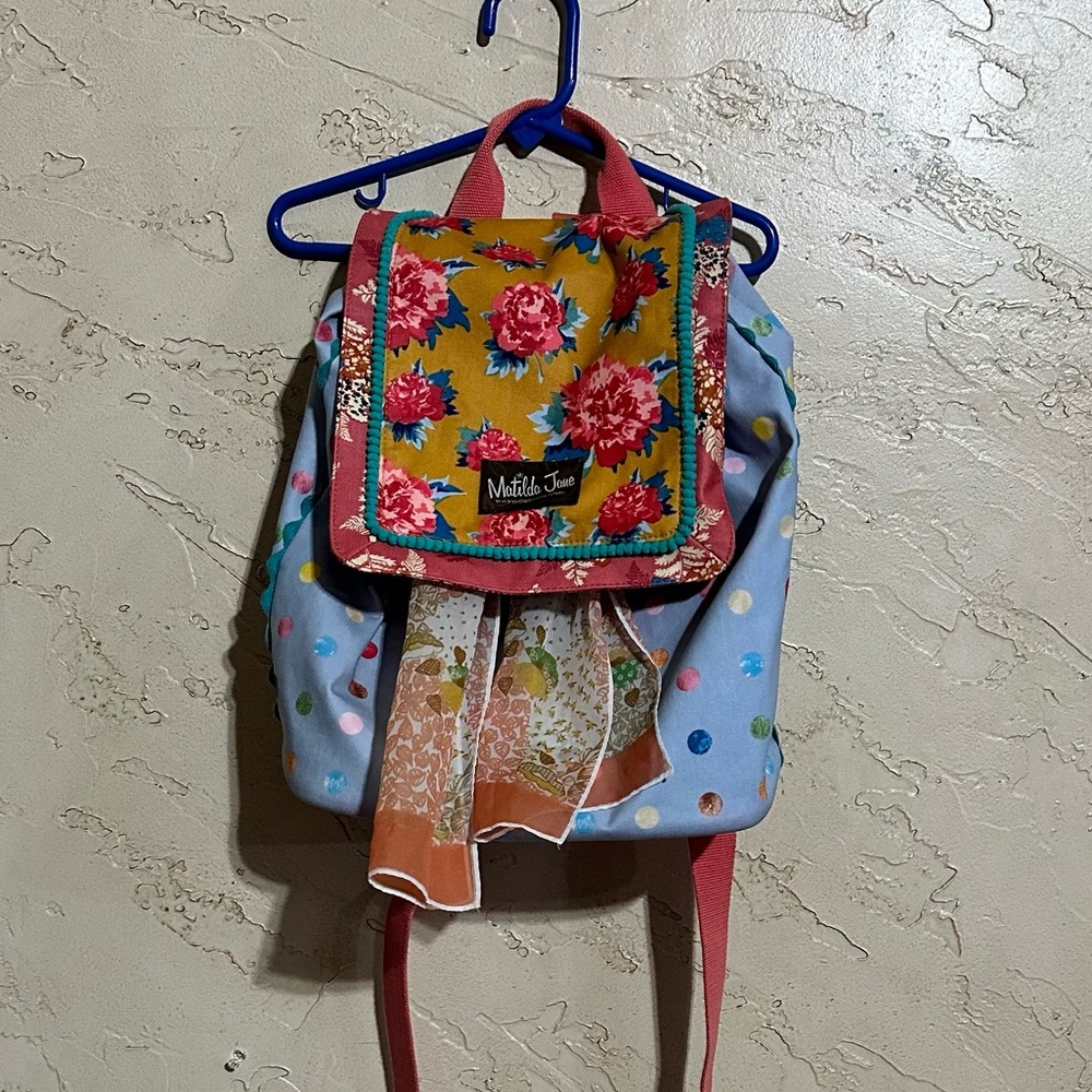 Matilda Jane Make a Splash Beach Backpack with blue polka dot and floral pattern